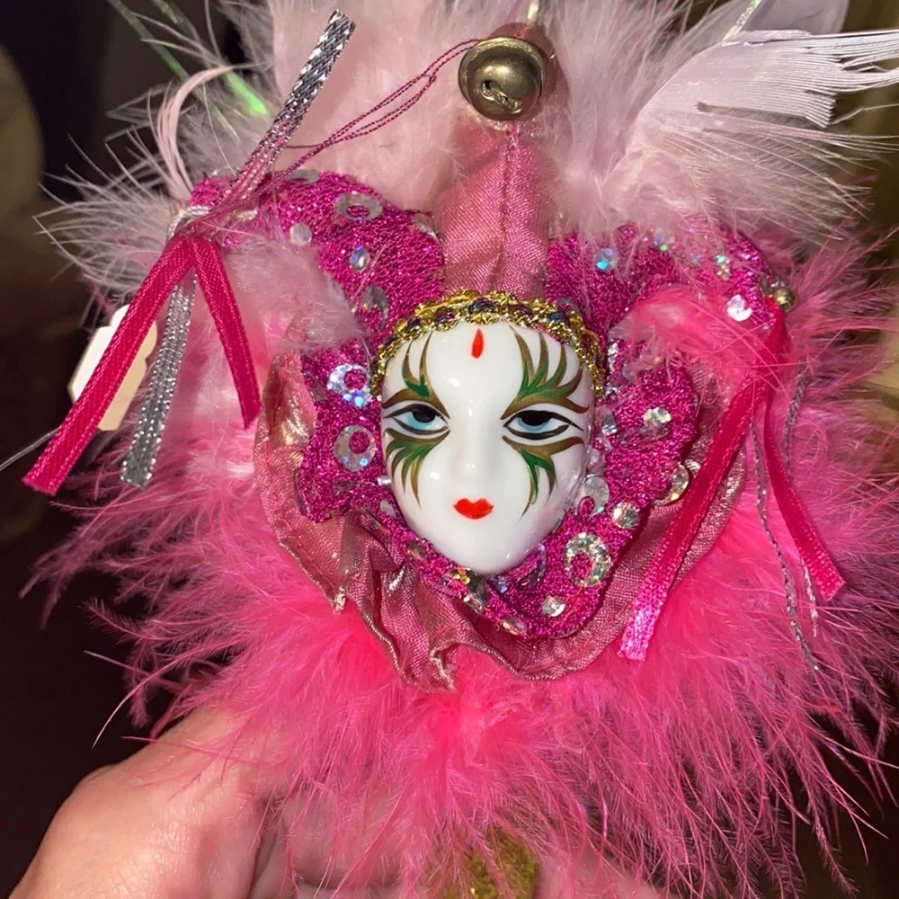 Mardi Gras mask pink feather headband with gold glitter think band headpiece​